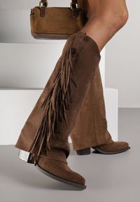 Born2be - Brązowe Kozaki Kowbojki na Obcasie z Wywiniętą Cholewką z Frędzlami Monasatia. Okazja: do pracy. Kolor: brązowy. Materiał: dzianina, jeans. Szerokość cholewki: normalna. Wzór: aplikacja. Obcas: na obcasie. Styl: klasyczny, elegancki. Wysokość obcasa: średni #3