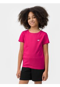 4F JUNIOR - T-shirt gładki dziewczęcy. Kolor: różowy. Materiał: bawełna. Wzór: gładki