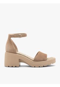Ryłko - Beżowe sandały damskie z weluru. Kolor: beżowy. Materiał: skóra, welur. Obcas: na obcasie. Styl: street. Wysokość obcasa: średni #1