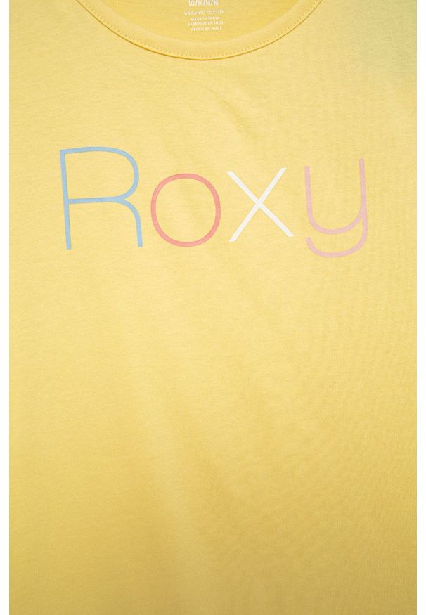 Roxy t-shirt bawełniany dziecięcy kolor żółty. Okazja: na co dzień. Kolor: żółty. Materiał: bawełna. Wzór: nadruk. Styl: casual