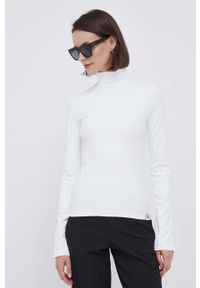 Calvin Klein Jeans longsleeve damski kolor biały z golfem. Typ kołnierza: golf. Kolor: biały. Materiał: dzianina, prążkowany. Długość rękawa: długi rękaw. Wzór: gładki