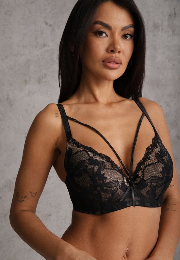 Renee - Czarno-Beżowy Biustonosz z Dodatkowymi Paskami Zdobiony Koronką i Cyrkoniami Ollimi. Kolor: czarny. Materiał: koronka. Wzór: aplikacja, koronka