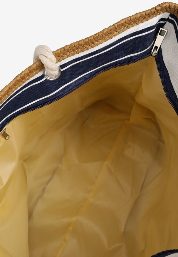 Born2be - Beżowo-Granatowa Plażowa Torebka Shopper z Rączkami ze Sznurka Wykończona Plecionką Zapinana na Suwak Linneli. Kolor: beżowy. Sezon: lato. Styl: casual, elegancki