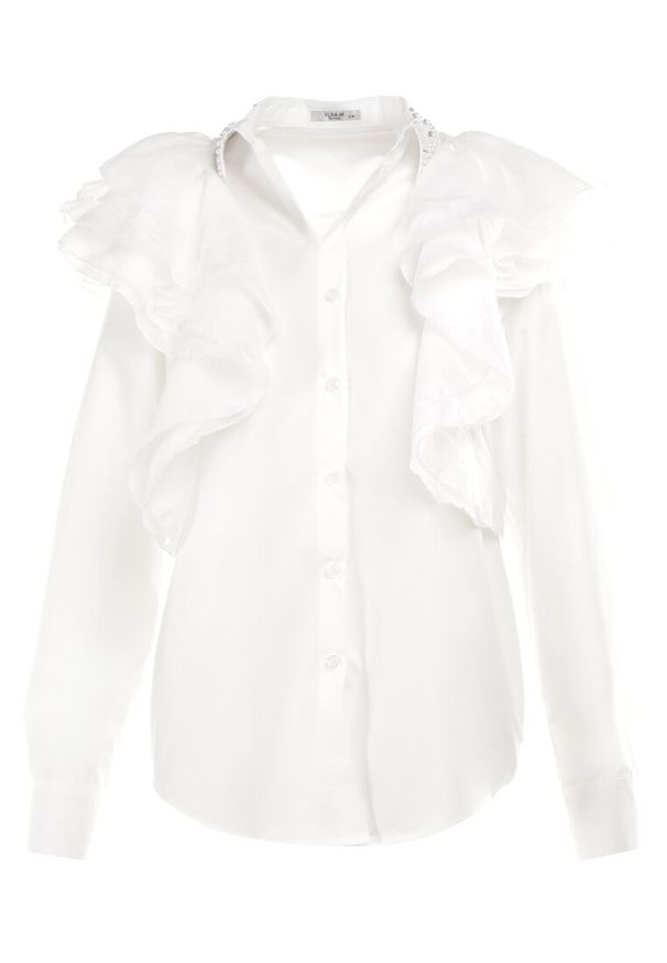 Born2be - Biała Koszula Hamal. Okazja: na co dzień, na spotkanie biznesowe, do pracy. Typ kołnierza: kołnierz z falbankami, kolnierz wykładany. Kolor: biały. Materiał: tkanina. Długość rękawa: długi rękaw. Długość: długie. Wzór: gładki, jednolity. Styl: casual, biznesowy, klasyczny