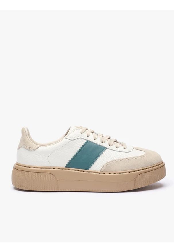 Ryłko - Sneakersy z zielonym akcentem. Nosek buta: okrągły. Zapięcie: pasek. Kolor: beżowy. Materiał: skóra. Szerokość cholewki: normalna. Styl: sportowy, elegancki, street