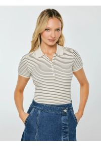 Big-Star - Koszulka damska polo w paski perłowa Rellma 103. Typ kołnierza: polo. Kolor: kremowy. Materiał: prążkowany, dzianina. Wzór: paski. Styl: elegancki, klasyczny #1