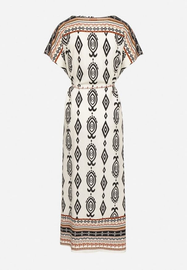 Born2be - Biała Pudełkowa Sukienka z Wiskozy w Etniczny Wzór Mirosela. Okazja: na co dzień. Kolor: biały. Materiał: wiskoza. Długość rękawa: krótki rękaw. Styl: casual, klasyczny, elegancki