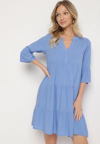 Born2be - Niebieska Rozkloszowana Sukienka z Wiskozy z Falbanami Izleia. Okazja: na co dzień. Kolor: niebieski. Materiał: wiskoza. Styl: elegancki, casual #3