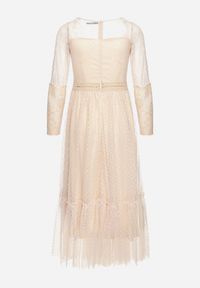 Born2be - Ciemnobeżowa Sukienka Maxi o Rozkloszowanym Fasonie z Ozdobną Koronką i Tiulem Steilla. Kolor: beżowy. Materiał: tiul, koronka. Wzór: koronka. Długość: maxi #7