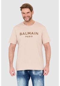 Balmain - BALMAIN Beżowy t-shirt z aksamitnym logo flock and foil. Kolor: beżowy