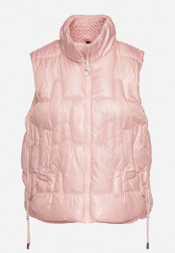 Born2be - Różowa Pikowana Kamizelka ze Stójką i Troczkami Terilanna. Typ kołnierza: kołnierzyk stójkowy. Kolor: różowy. Materiał: jeans. Styl: elegancki