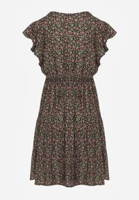 Born2be - Czarna Sukienka Diomanassa. Typ kołnierza: dekolt w serek. Kolor: czarny. Materiał: tkanina. Wzór: nadruk, kwiaty. Sezon: wiosna, lato. Długość: mini #3