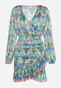 Born2be - Niebiesko-Zielona Dopasowana Sukienka Mini z Kopertową Górą Falbankami i Marszczeniami Onorelia. Typ kołnierza: kołnierz z falbankami. Kolor: niebieski. Typ sukienki: kopertowe. Długość: mini #4