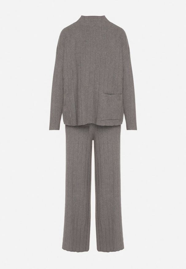 Born2be - Szary Sweterkowy Komplet Sweter z Półgolfem i Szerokie Spodnie Alatusa. Kolor: szary. Materiał: jeans