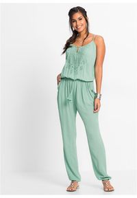 bonprix - Kombinezon ze strukturalnej wiskozy. Kolor: zielony. Materiał: wiskoza, koronka. Długość rękawa: na ramiączkach. Wzór: koronka #1