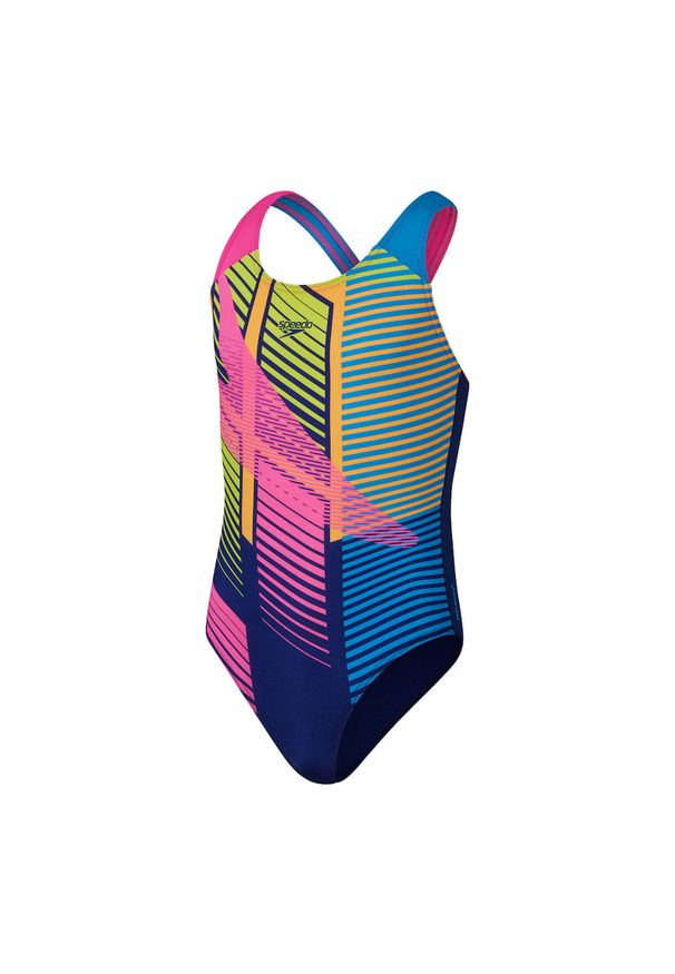 Dziewczęcy jednoczęściowy kostium kąpielowy Speedo Digital Placement Splashback. Kolor: niebieski, wielokolorowy, różowy. Wzór: kolorowy
