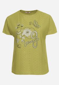 Born2be - Jasnozielony Ażurowy T-shirt z Bawełną Ozdobiony Cyrkoniami Deviana. Kolor: zielony. Materiał: bawełna. Wzór: ażurowy, aplikacja. Sezon: lato