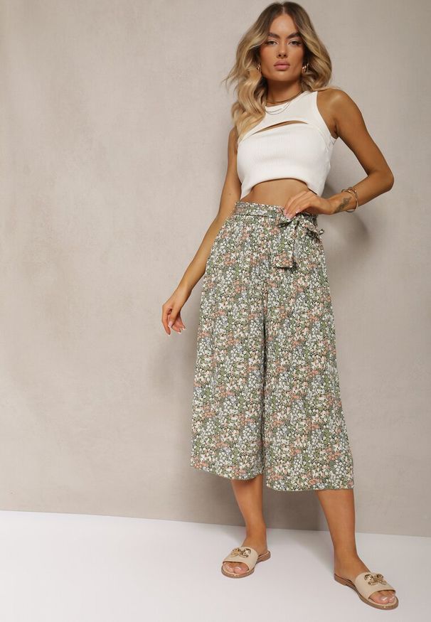 Renee - Zielone Spodnie z Szerokimi Nogawkami High Waist z Bawełną Paskiem i Gumką w Talii Drosofia. Okazja: na co dzień. Stan: podwyższony. Kolor: zielony. Materiał: bawełna. Styl: elegancki, casual