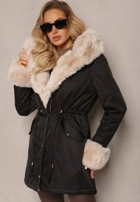 Renee - Czarno-Beżowa Kurtka Parka z Paskiem w Talii i Kapturem z Futerkiem Hizontia. Okazja: na spacer. Typ kołnierza: golf. Kolor: czarny. Materiał: futro #3