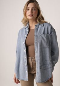 Born2be - Niebieska Koszula Jeansowa z Bawełną Ozdobiona Przeszyciami Junie. Kolor: niebieski. Materiał: bawełna, jeans. Wzór: aplikacja. Styl: elegancki #7