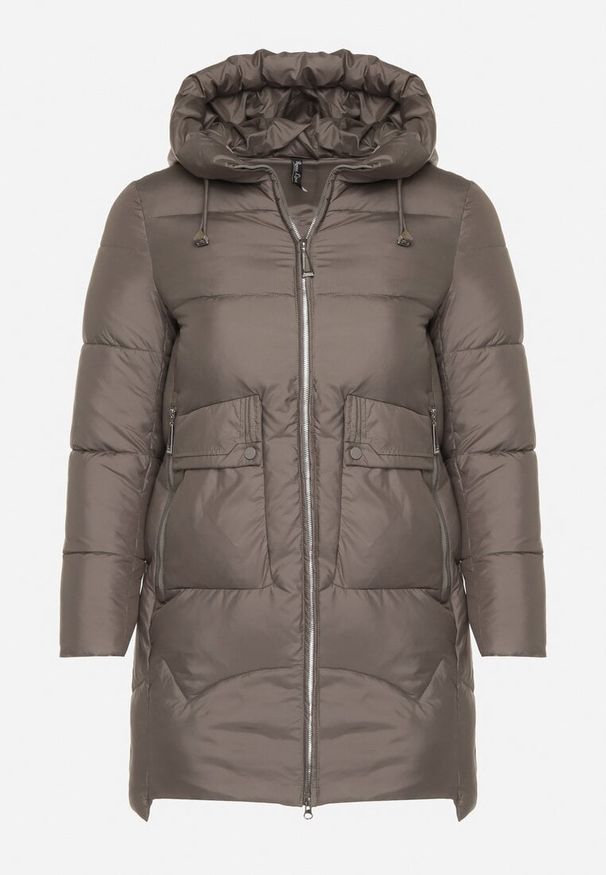 Born2be - Szara Długa Pikowana Kurtka z Nieodpinanym Kapturem Mevessia. Okazja: na co dzień. Kolor: szary. Materiał: jeans. Długość: długie. Styl: klasyczny, casual, elegancki