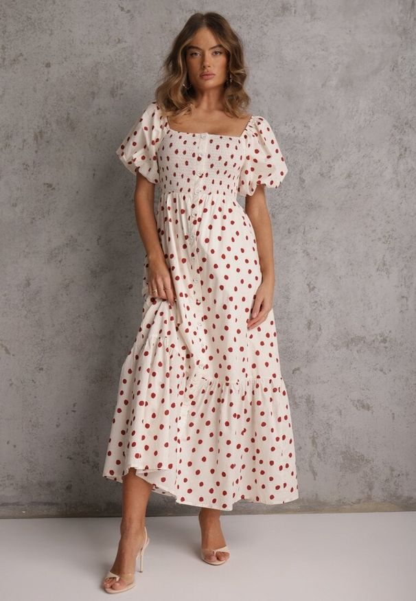 Renee - Beżowa Rozkloszowana Sukienka w Kropki z Bawełny z Bufiastymi Rękawami Aninele. Kolor: beżowy. Materiał: bawełna. Wzór: kropki. Sezon: lato