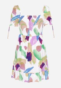 Born2be - Biało-Fioletowa Wiskozowa Sukienka z Krótkim Rękawem i Sznurowanym Dekoltem typu Serce Telldora. Okazja: na spacer. Kolor: biały. Materiał: wiskoza. Długość rękawa: krótki rękaw. Styl: elegancki #6