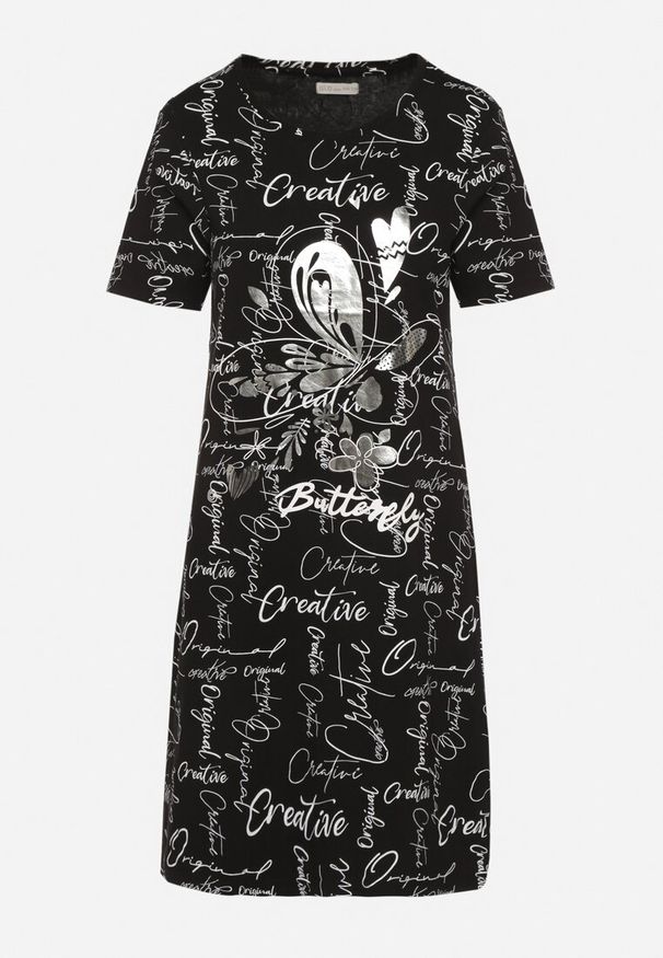 Born2be - Czarna Bawełniana Sukienka o T-shirtowym Kroju z Ozdobnym Nadrukiem Feviressa. Okazja: na co dzień. Kolor: czarny. Materiał: bawełna. Długość rękawa: krótki rękaw. Wzór: nadruk. Sezon: lato. Styl: elegancki, casual