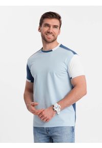 Ombre Clothing - Męski t-shirt z elastanem z kolorowymi rękawami - niebieski V2 OM-TSCT-0176 - XXL. Okazja: na co dzień. Kolor: niebieski. Materiał: elastan. Wzór: kolorowy. Styl: casual, klasyczny #1