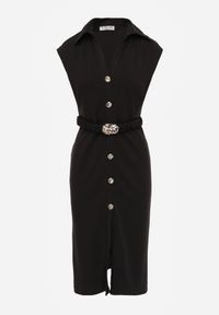 Born2be - Czarna Sukienka z Wiskozy z Elastycznym Paskiem Ozdobną Klamrą i Guzikami Alcerine. Kolor: czarny. Materiał: wiskoza. Styl: elegancki, klasyczny #5