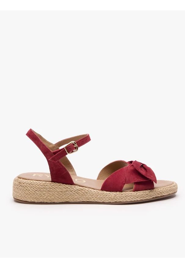 Ryłko - Bordowe sandały z kokardą. Nosek buta: okrągły. Zapięcie: pasek. Kolor: czerwony. Materiał: skóra, welur. Sezon: lato. Obcas: na obcasie. Styl: street, klasyczny, boho, elegancki