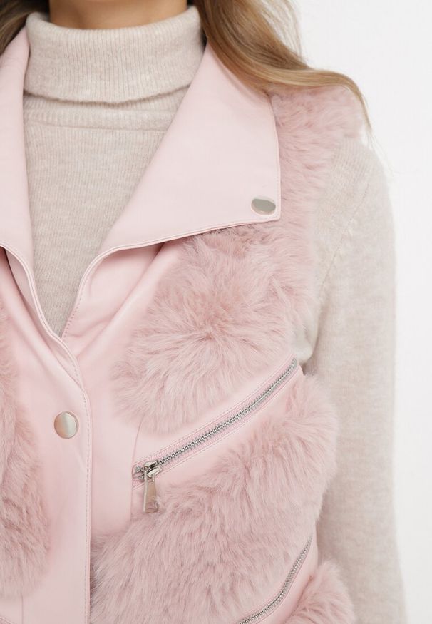 Born2be - Różowa Futrzana Kamizelka z Kołnierzem z Imitacji Skóry Pharina. Kolor: różowy. Materiał: skóra, futro
