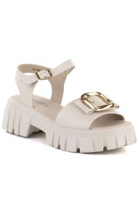 Skórzane sandały damskie na platformie z ozdobą beżowe Vinceza 26-79611. Kolor: beżowy. Materiał: skóra. Wzór: aplikacja. Obcas: na platformie. Styl: elegancki. Wysokość obcasa: średni #1