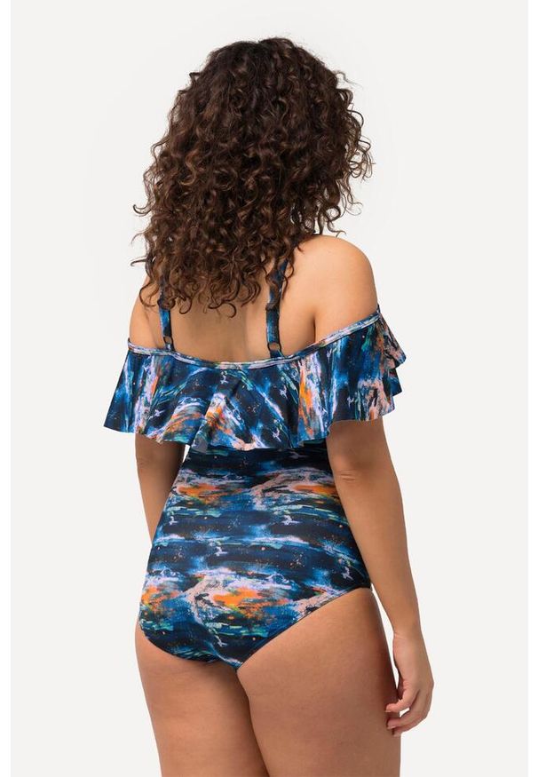 ULLA POPKEN - Damski Strój kąpielowy falbana miękkie miseczki ramiączka z regulacją. Kolekcja: plus size. Kolor: niebieski. Materiał: elastan, poliamid, materiał
