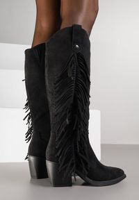 Renee - Czarne Kozaki Kowbojki na Stożku Zdobione Frędzlami Nucca. Kolor: czarny. Materiał: zamsz. Wzór: aplikacja. Obcas: na stożku. Styl: boho. Wysokość obcasa: średni #6