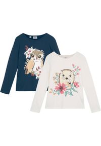 bonprix - Koszulka z długim rękawem (2 szt.), z czystej bawełny organicznej. Okazja: na uczelnię. Kolor: biały. Materiał: bawełna. Długość rękawa: długi rękaw. Długość: długie. Wzór: nadruk, aplikacja. Styl: elegancki #1