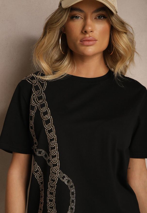 Renee - Czarny T-shirt z Bawełny Ozdobiony Cyrkoniami Lavnelis. Kolor: czarny. Materiał: bawełna. Wzór: aplikacja