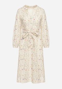 Born2be - Beżowa Rozkloszowana Sukienka w Kwiaty z Paskiem w Talii Dimtia. Okazja: na co dzień. Typ kołnierza: dekolt w kształcie V. Kolor: beżowy. Wzór: kwiaty. Sezon: wiosna, lato. Typ sukienki: proste. Styl: casual, elegancki #4