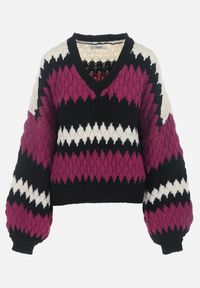 Born2be - Fuksjowy Sweter Oversize z Ozdobnym Wzorem Dzianiny Mexio. Kolor: różowy. Materiał: dzianina. Długość: długie