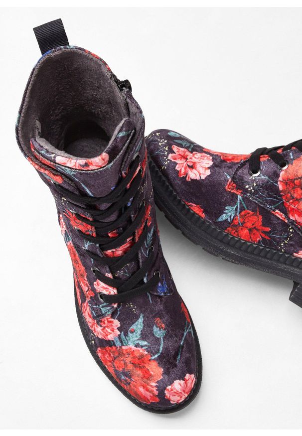 bonprix - Kozaki sznurowane Jana, wygodna tęgość. Kolor: czarny. Wzór: nadruk, kwiaty