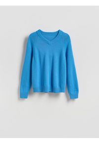 Reserved - Sweter z dekoltem V - niebieski. Kolor: niebieski. Materiał: bawełna, dzianina
