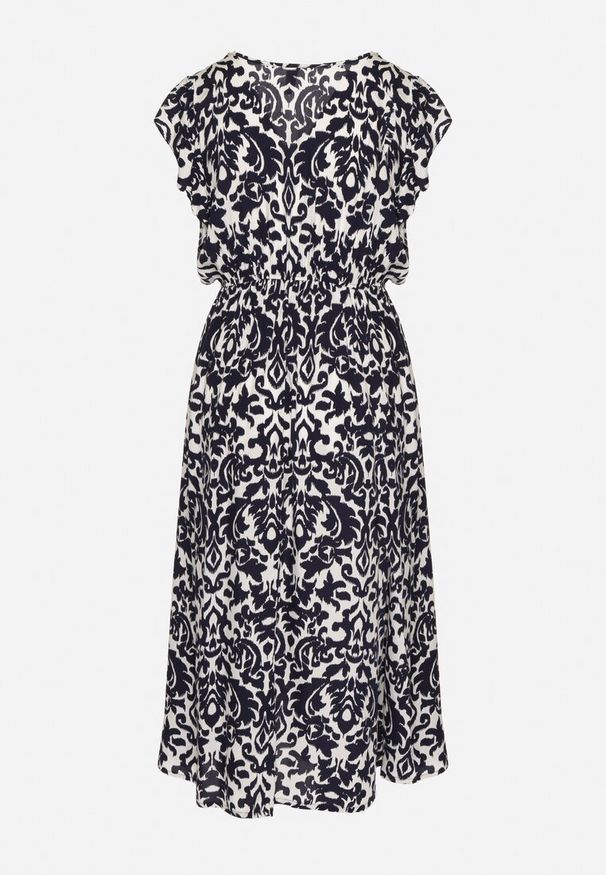 Born2be - Granatowa Bawełniana Sukienka Rozkloszowana z Falbankami w Ornamentalny Wzór Zaliette. Okazja: na co dzień. Typ kołnierza: kołnierz z falbankami. Kolor: niebieski. Materiał: bawełna. Długość rękawa: krótki rękaw. Styl: casual, elegancki