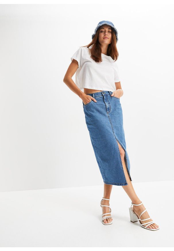 bonprix - Długa spódnica dżinsowa z rozcięciem, z materiału Positive Denim #1 Fabric. Kolor: niebieski. Materiał: denim, materiał. Długość: długie