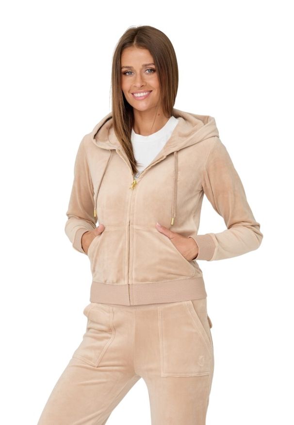 Juicy Couture - JUICY COUTURE Beżowa damska bluza Robertson, Rozmiar M. Typ kołnierza: kaptur. Kolor: beżowy. Materiał: welur