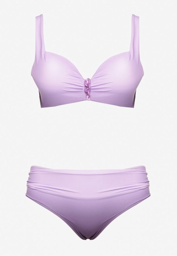 Born2be - Jasnofioletowe Bikini Majtki Figi i Biustonosz z Ozdobnym Marszczeniem Linaronia. Kolekcja: plus size. Kolor: fioletowy. Wzór: haft