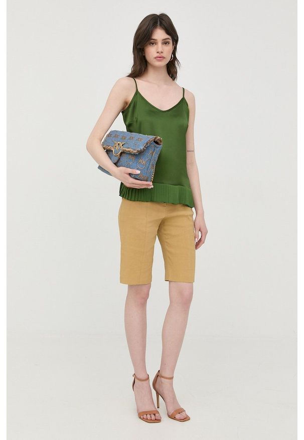 Pinko szorty lniane damskie kolor żółty gładkie high waist. Okazja: na co dzień. Stan: podwyższony. Kolor: żółty. Materiał: len. Wzór: gładki. Styl: casual