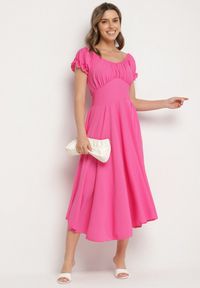 Born2be - Fuksjowa Sukienka z Bawełną Typu Hiszpanka z Ozdobnymi Bufkami Lunaleia. Okazja: na co dzień. Typ kołnierza: dekolt hiszpanka. Kolor: różowy. Materiał: bawełna. Styl: casual, elegancki, klasyczny #6