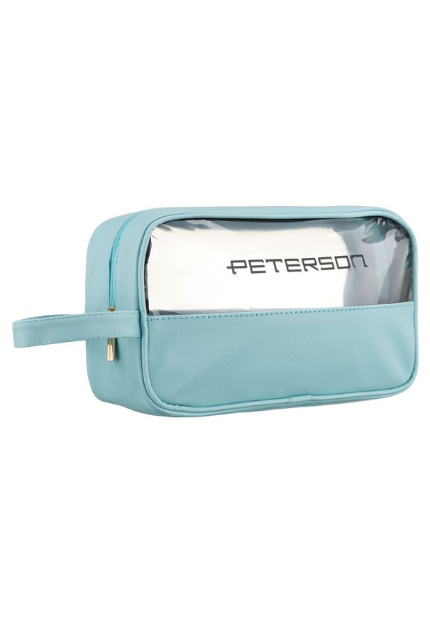 Niebieska kosmetyczka z tkaniny syntetycznej wyposażona w przezroczysty panel - Peterson. Kolor: niebieski. Materiał: tkanina, syntetyk