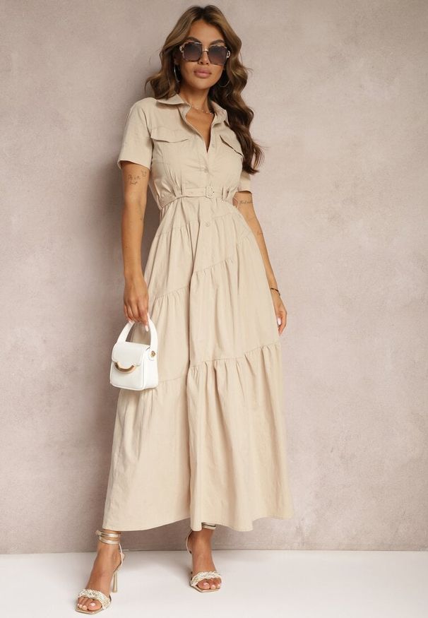 Renee - Beżowa Bawełniana Sukienka o Rozkloszowana Zwężana w Talii Nenefia. Okazja: na co dzień. Kolor: beżowy. Materiał: bawełna. Styl: casual