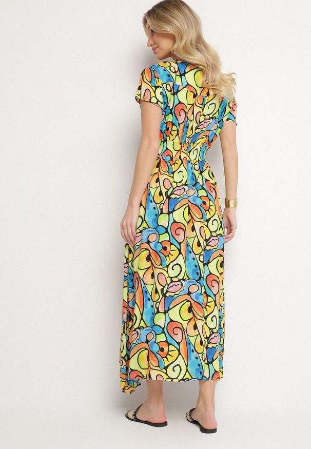 Born2be - Żółta Bawełniana Sukienka z Abstrakcyjnym Wzorem Emilisse. Okazja: na co dzień. Kolor: żółty. Materiał: bawełna. Styl: casual, klasyczny